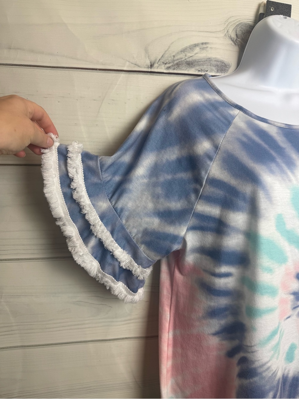Soft Tie-Dye Short Sleeve Fringe Top - Pastel Blue, Pink & Mint - Picture 2 of 9